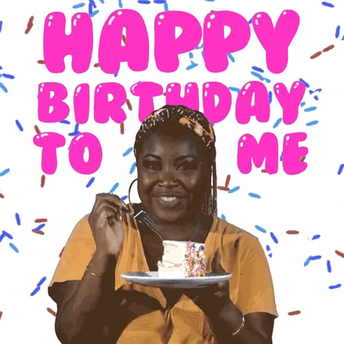 a woman is holding a piece of cake in front of a happy birthday to me sign