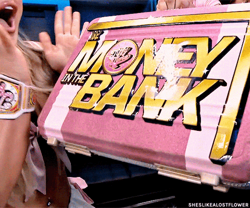 a woman is holding a pink and white box that says money in the bank