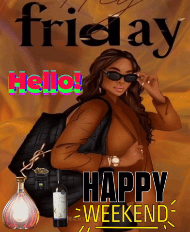A Woman Is Holding A Purse And A Bottle Of Wine With The Words Friday Happy Weekend GIF