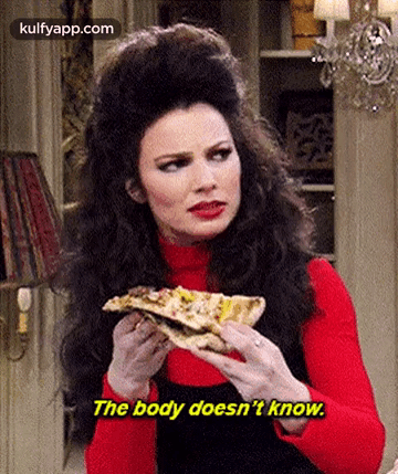 A Woman Is Holding A Slice Of Pizza In Her Hands And Saying `` The Body Does N't Know '' . GIF