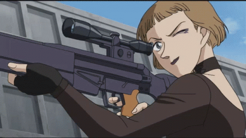 a woman is holding a sniper rifle with a scope