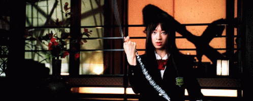 A Woman Is Holding A Sword In Front Of A Window GIF
