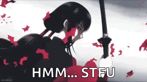 A Woman Is Holding A Sword In Her Hand And Says `` Hmm Stfu '' . GIF
