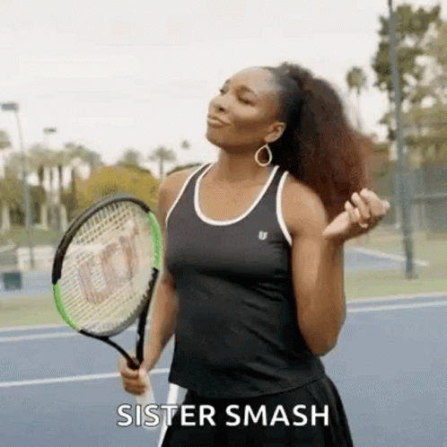 A Woman Is Holding A Tennis Racquet On A Tennis Court And Says `` Sister Smash '' . GIF