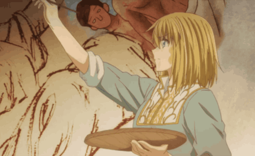 A Woman Is Holding A Tray And Painting A Picture GIF