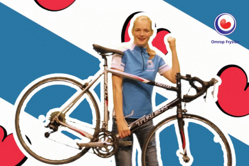 A Woman Is Holding A Trek Bicycle In Front Of A Blue And White Background GIF
