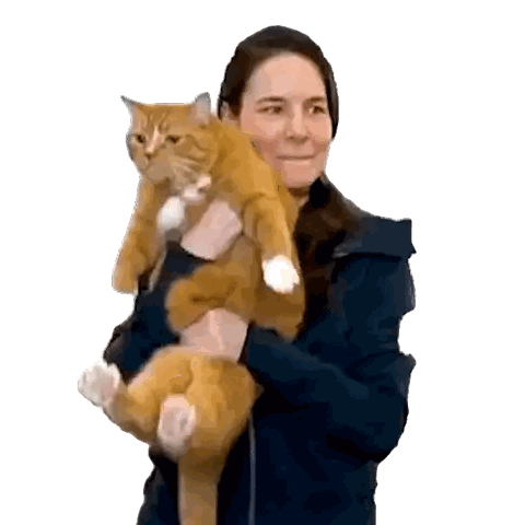 a woman is holding a very large orange cat in her arms
