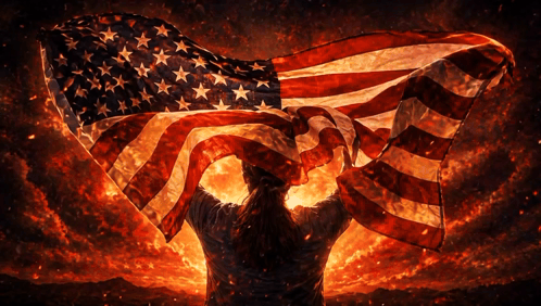 a woman is holding an american flag in front of a firey sky