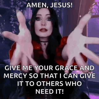 A Woman Is Holding Her Hands Out In Front Of Her Face And Saying Amen Jesus ! GIF