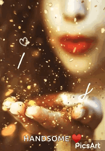 A Woman Is Holding Something In Her Hands With The Words Handsome Picsart Written On It GIF