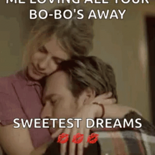 A Woman Is Hugging A Man With The Words Sweetest Dreams Written On The Bottom GIF