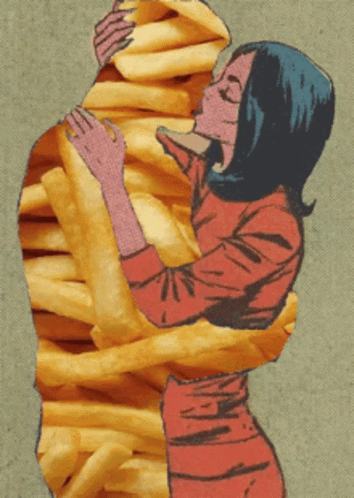 a woman is hugging a stack of french fries