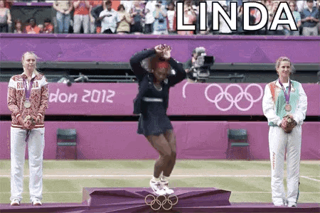 A Woman Is Jumping In The Air While Standing On A Podium With The Word Linda Written Above Her GIF