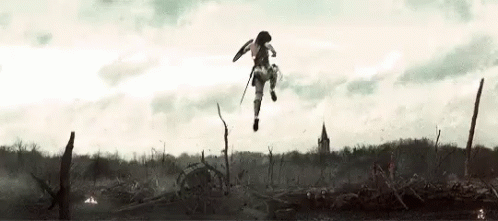A Woman Is Jumping In The Air With A Sword And Shield In A Field . GIF