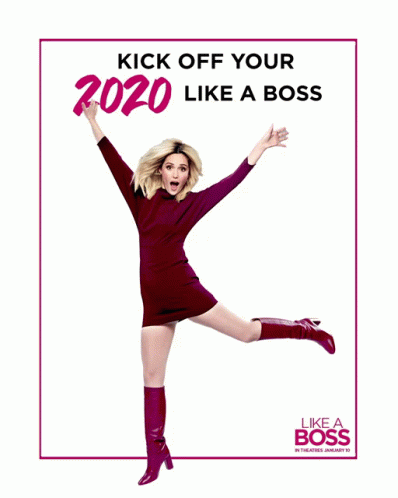 A Woman Is Jumping In The Air With The Words Kick Off Your 2020 Like A Boss Behind Her GIF