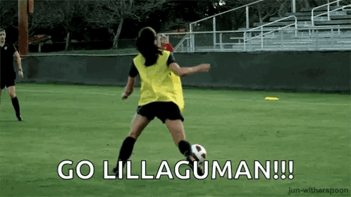 A Woman Is Kicking A Soccer Ball On A Field With The Words Go Lillaguman Written Below Her GIF