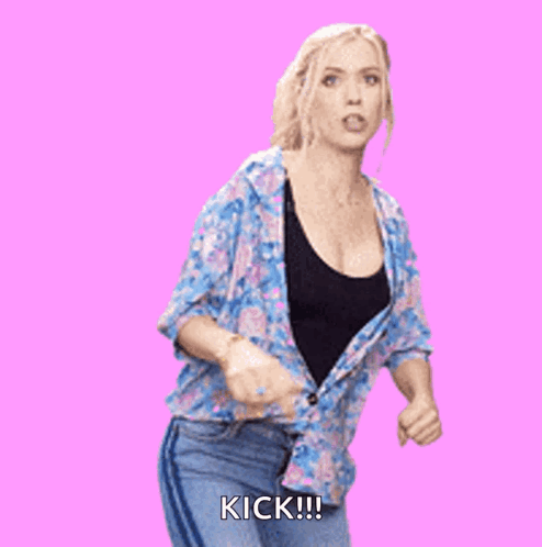 A Woman Is Kicking With Her Foot And The Word Kick Is On The Pink Background GIF