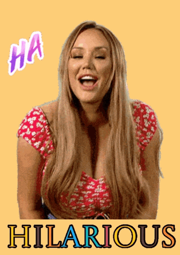 A Woman Is Laughing In Front Of A Yellow Background With Hilarious Written On It GIF