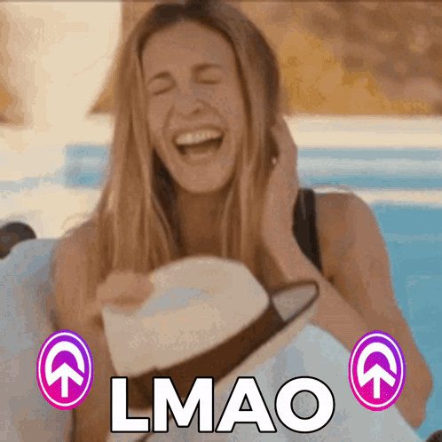 A Woman Is Laughing While Holding A Hat And The Word Lmao Is Above Her Head GIF