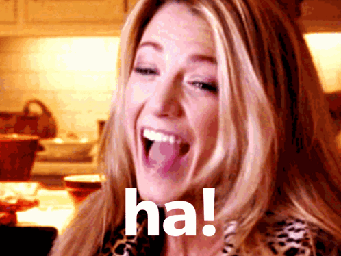 A Woman Is Laughing With Her Mouth Open And The Word Ha Is On Her Face GIF