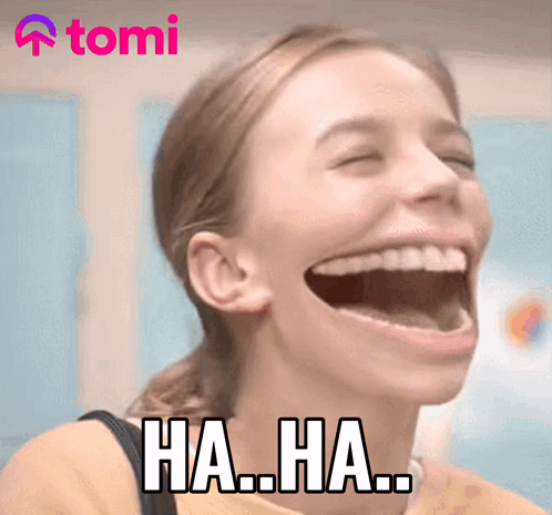 A Woman Is Laughing With Her Mouth Wide Open And The Words Ha Ha On Her Face GIF