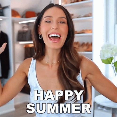 A Woman Is Laughing With The Words Happy Summer Written On Her Face GIF