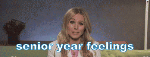 A Woman Is Laughing With The Words " Senior Year Feelings " Below Her GIF
