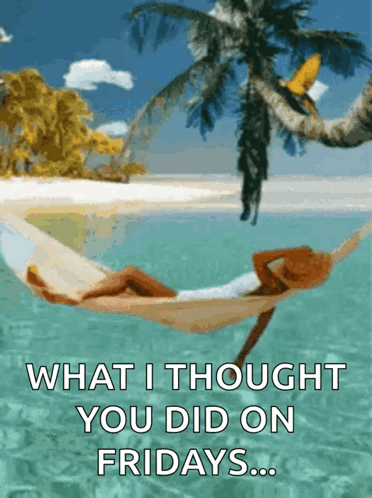 A Woman Is Laying In A Hammock In The Ocean With The Words What I Thought You Did On Fridays Below Her GIF