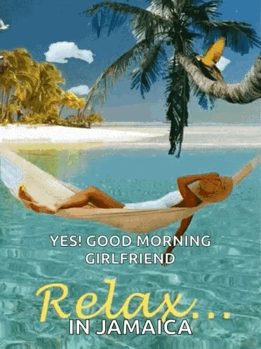 A Woman Is Laying In A Hammock On A Beach With The Words Relax In Jamaica GIF
