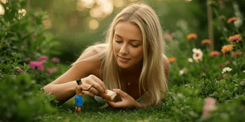 A Woman Is Laying In The Grass Playing With A Toy Man GIF