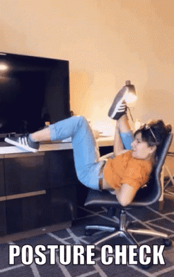 A Woman Is Laying On A Chair With The Words " Posture Check " Below Her GIF