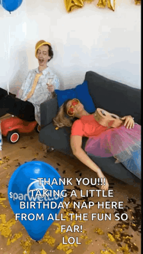 A Woman Is Laying On A Couch With A Blue Balloon That Says " Thank You " GIF