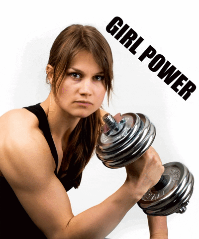 A Woman Is Lifting A Dumbbell With The Word Girl Power Behind Her GIF