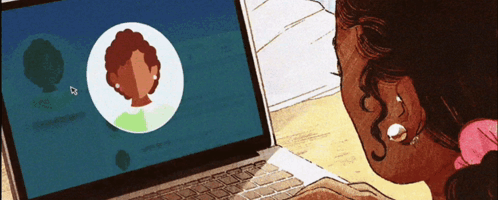 A Woman Is Looking At A Laptop With A Picture Of A Woman On The Screen GIF