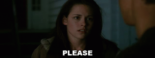 A Woman Is Looking At A Man With The Word Please Below Her GIF