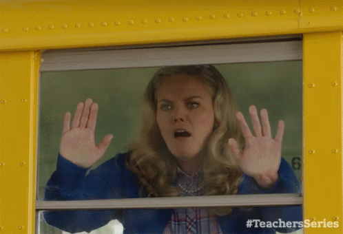 A Woman Is Looking Out Of A Bus Window With #Teachersseries On The Bottom GIF