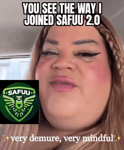 a woman is making a funny face in front of a safuu logo .