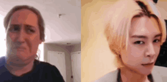 A Woman Is Making A Funny Face Next To A Picture Of A Man . GIF