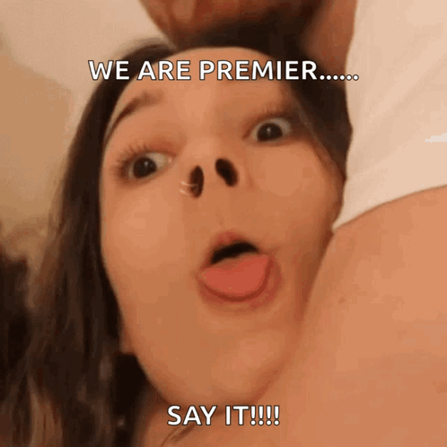 A Woman Is Making A Funny Face With Her Tongue Out And The Words We Are Premier Say It GIF