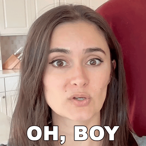 A Woman Is Making A Funny Face With The Words Oh Boy Behind Her GIF