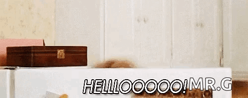 A Woman Is Peeking Out From Behind A Microwave And Says `` Hellooooo ! Mr.g '' . GIF