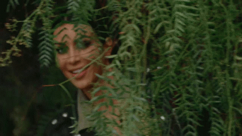 A Woman Is Peeking Out From Behind A Tree With Green Leaves On Her Face . GIF