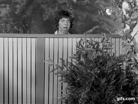 A Woman Is Peeking Over A Fence And Making A Funny Face . GIF