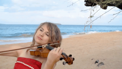 A Woman Is Playing A Violin On The Beach With The Ocean In The Background GIF