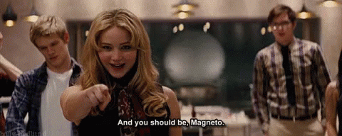 A Woman Is Pointing At A Group Of People And Says `` And You Should Be Magneto . '' GIF