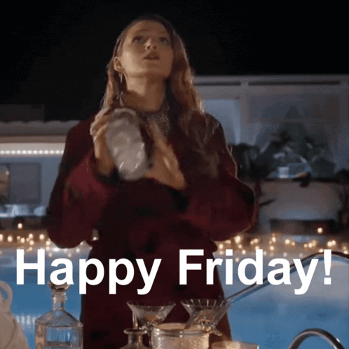 A Woman Is Pouring A Drink Into A Martini Glass With The Words Happy Friday Written On The Bottom GIF