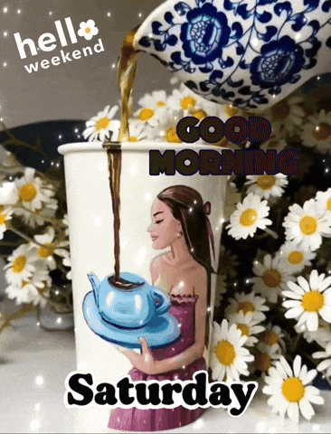 A Woman Is Pouring Coffee Into A Cup That Says Saturday On It GIF