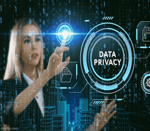 A Woman Is Pressing A Button On A Screen That Says Data Privacy GIF