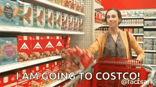 A Woman Is Pushing A Shopping Cart In A Store And Says I Am Going To Costco . GIF