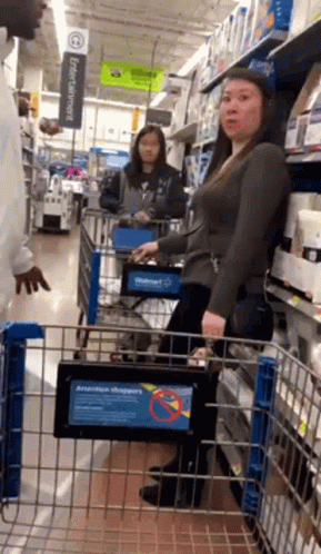 A Woman Is Pushing A Shopping Cart In A Walmart Aisle GIF